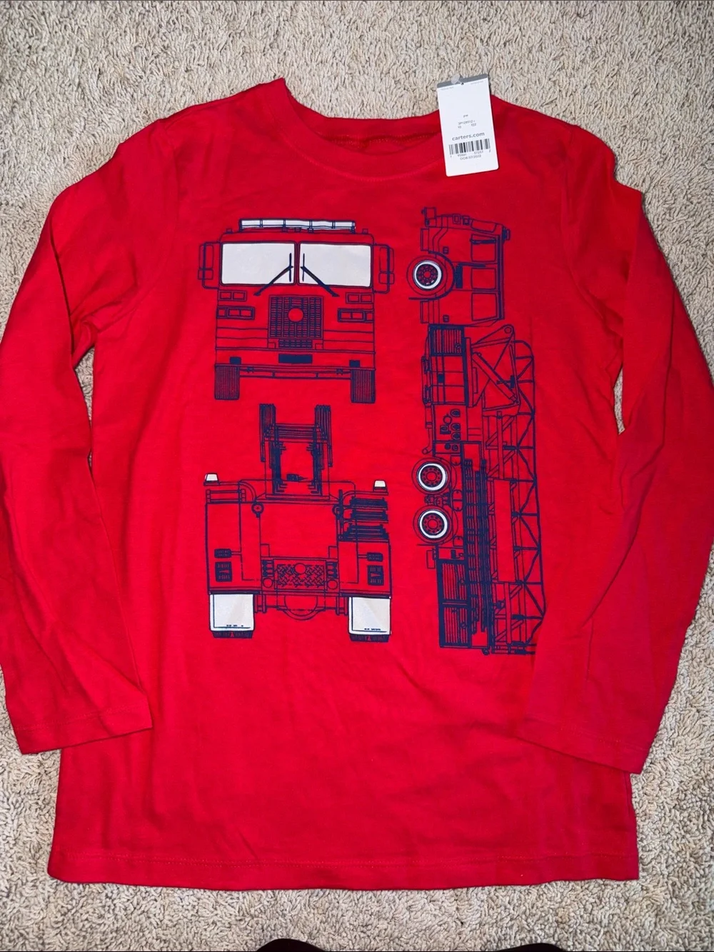 NWT Carter's Red Long-Sleeve Tee with Navy Fire Truck Print size 10